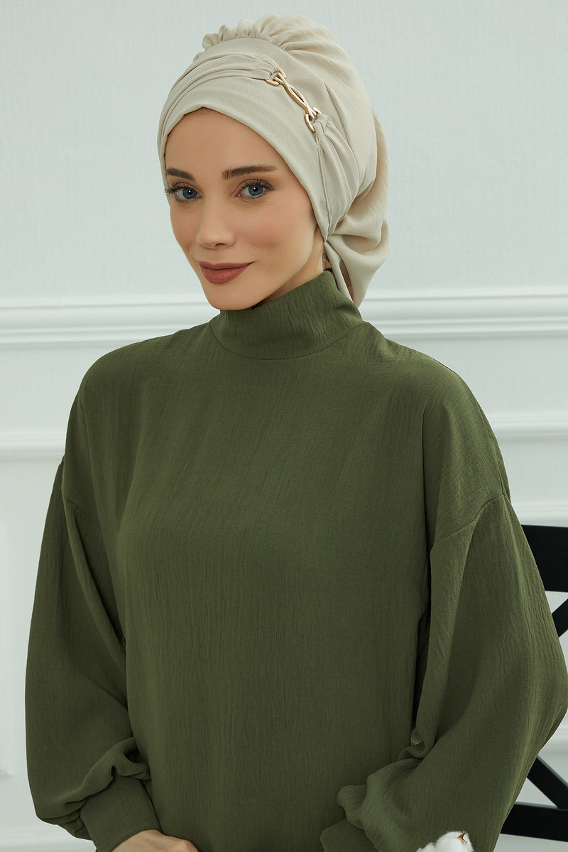 Instant Aerobin Turban with Gold Chain Detail, Pre-Tied Cotton Blend Hijab Cap, Elegant Modest Headwrap for Women,HT-93