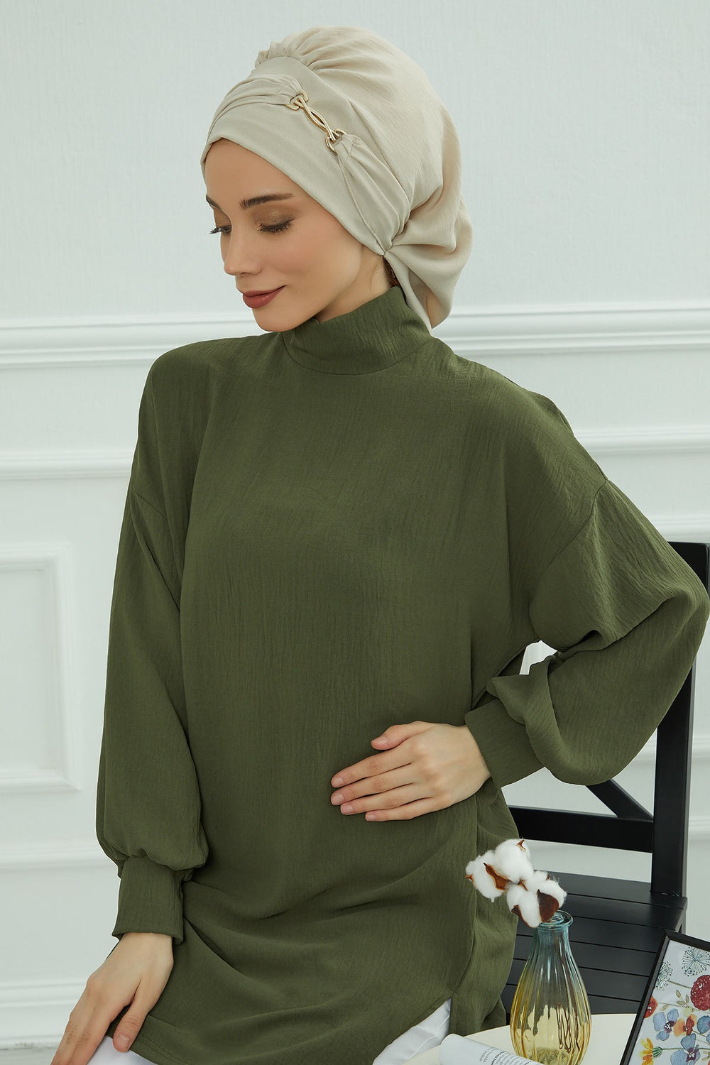 Instant Aerobin Turban with Gold Chain Detail, Pre-Tied Cotton Blend Hijab Cap, Elegant Modest Headwrap for Women,HT-93 Beige