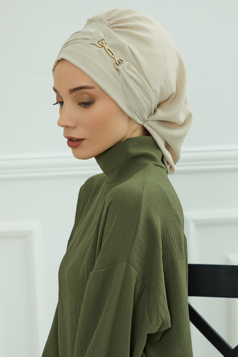 Instant Aerobin Turban with Gold Chain Detail, Pre-Tied Cotton Blend Hijab Cap, Elegant Modest Headwrap for Women,HT-93