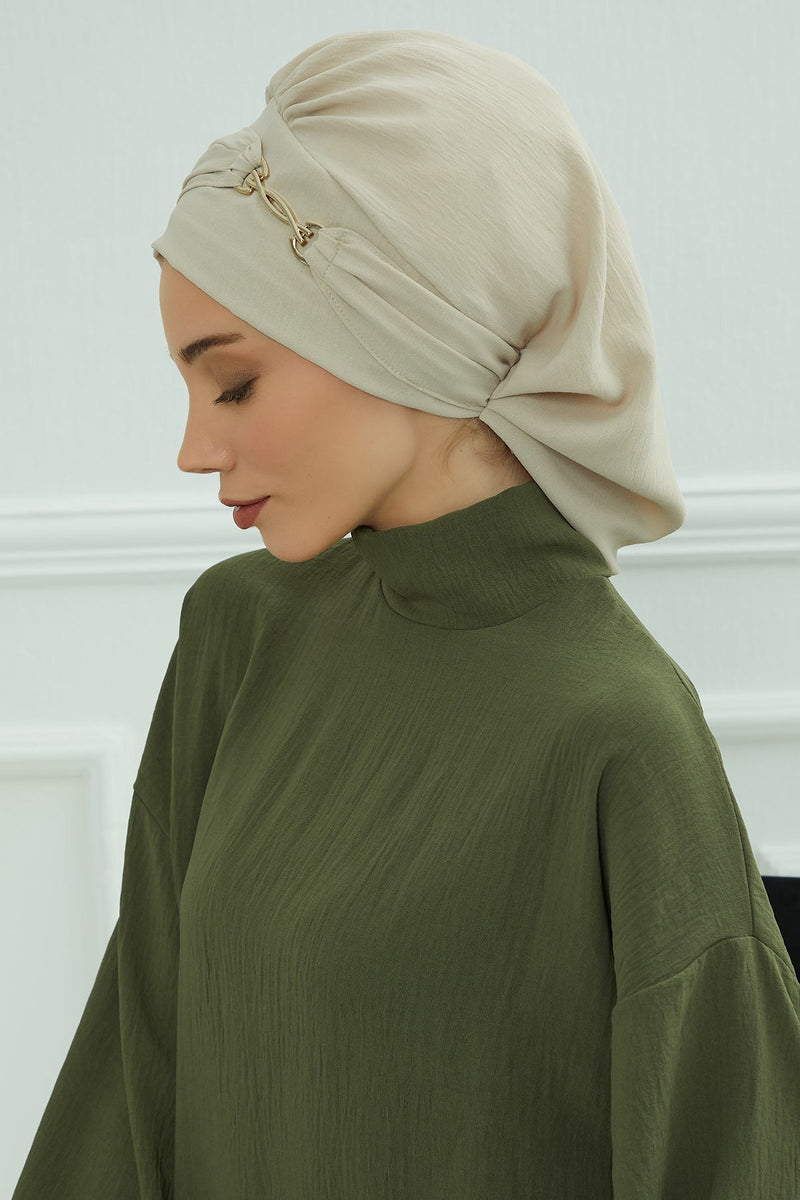 Instant Aerobin Turban with Gold Chain Detail, Pre-Tied Cotton Blend Hijab Cap, Elegant Modest Headwrap for Women,HT-93