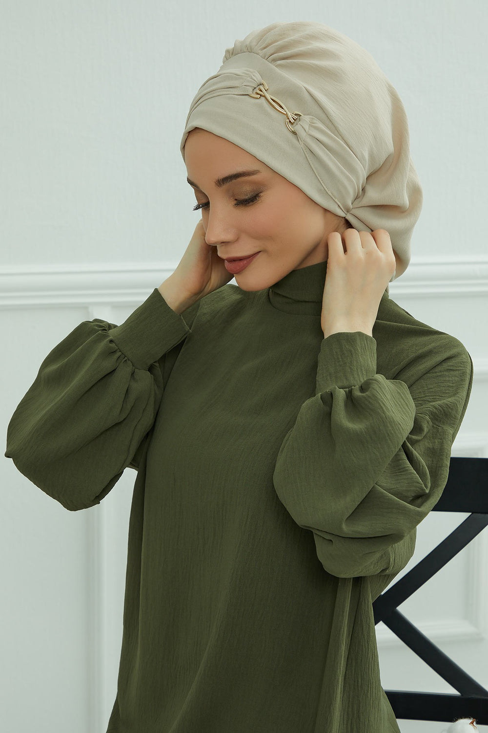 Instant Aerobin Turban with Gold Chain Detail, Pre-Tied Cotton Blend Hijab Cap, Elegant Modest Headwrap for Women,HT-93 Beige