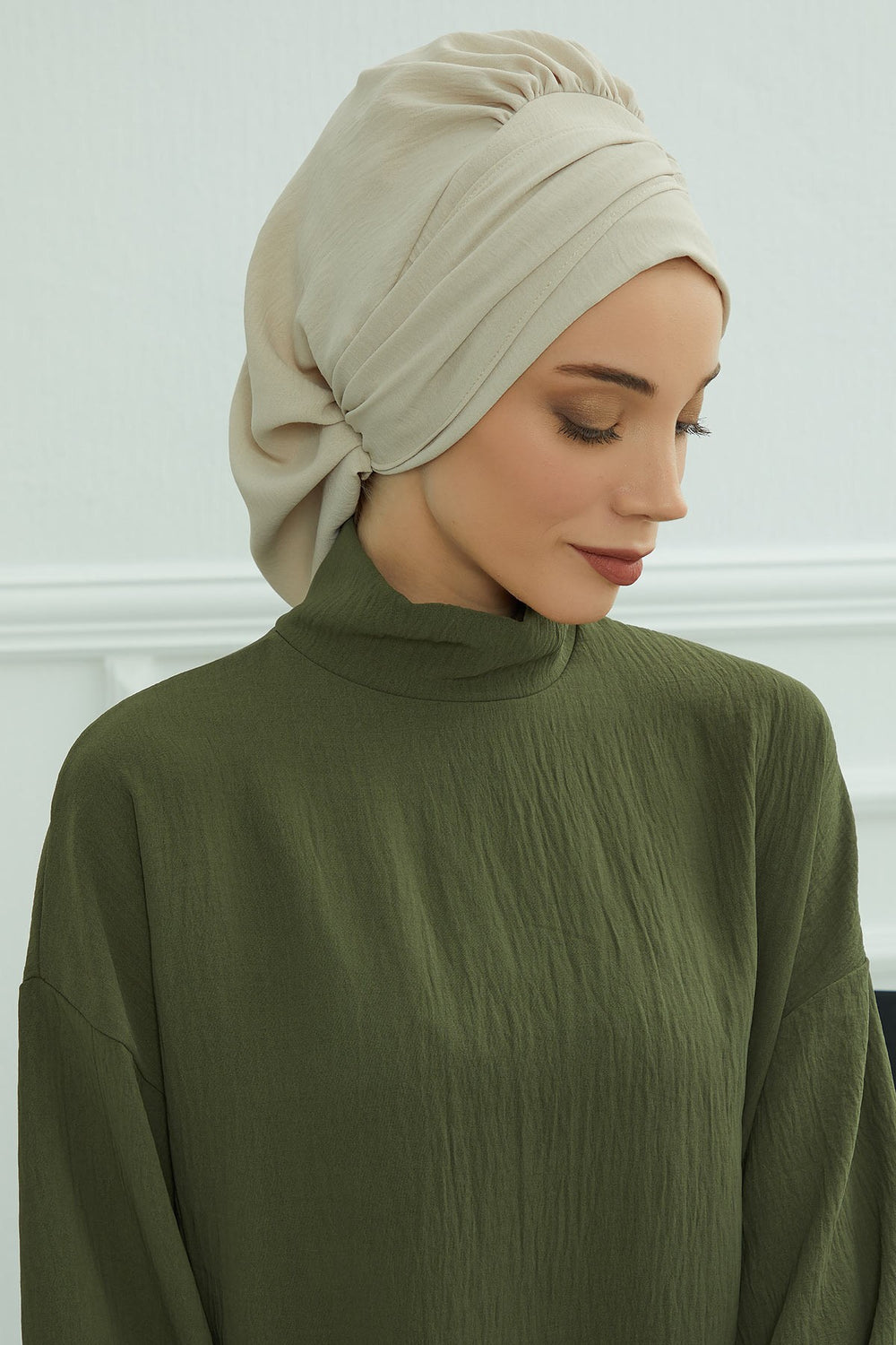 Instant Aerobin Turban with Gold Chain Detail, Pre-Tied Cotton Blend Hijab Cap, Elegant Modest Headwrap for Women,HT-93 Beige