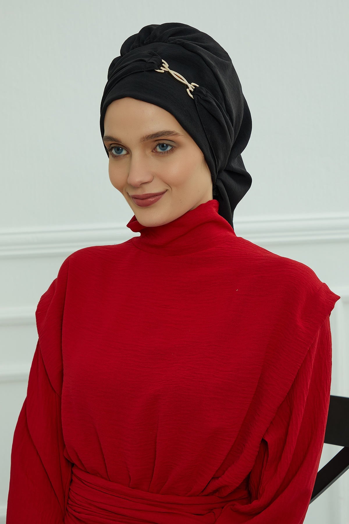 Instant Aerobin Turban with Gold Chain Detail, Pre-Tied Cotton Blend Hijab Cap, Elegant Modest Headwrap for Women,HT-93 Black