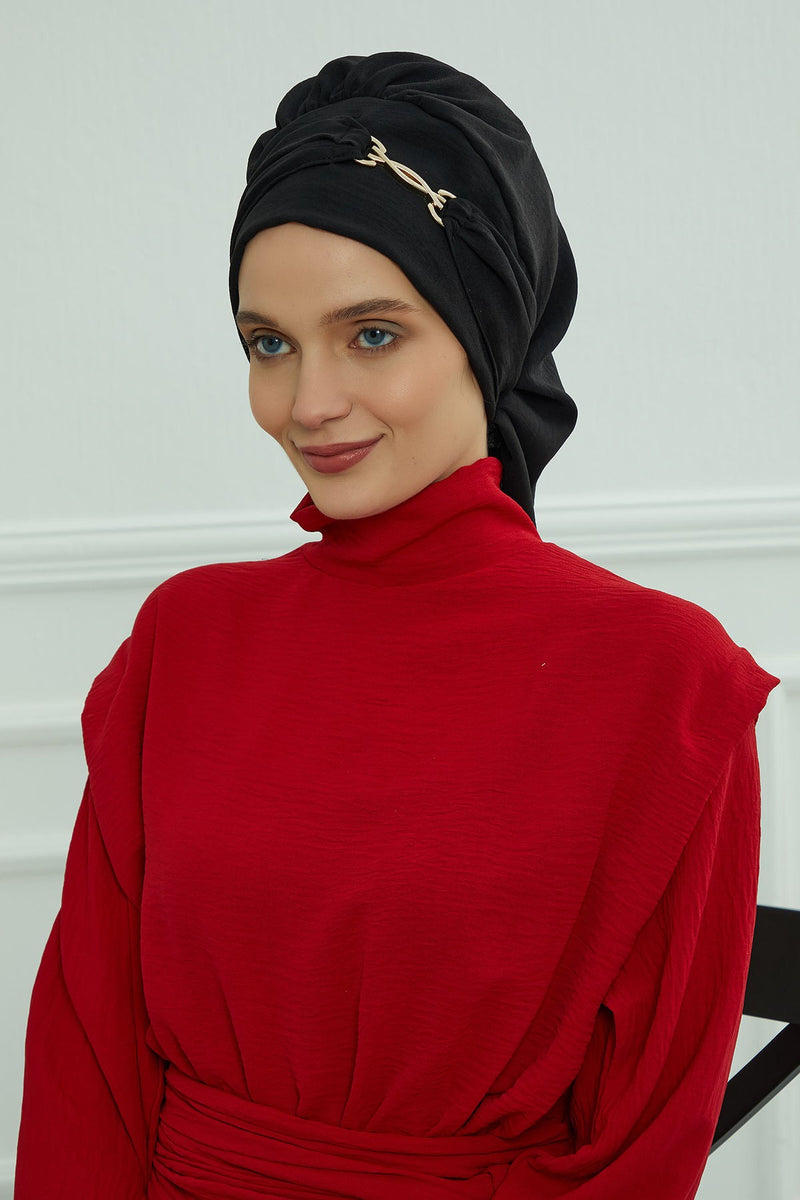 Instant Aerobin Turban with Gold Chain Detail, Pre-Tied Cotton Blend Hijab Cap, Elegant Modest Headwrap for Women,HT-93