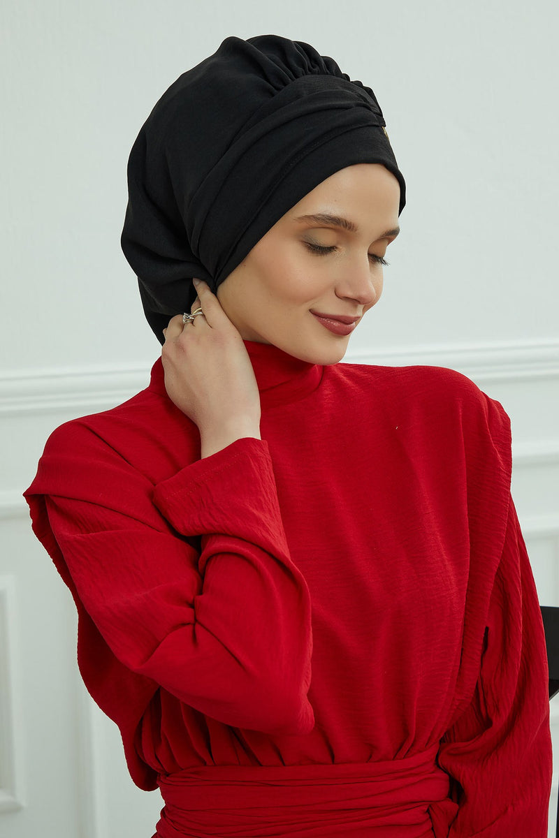 Instant Aerobin Turban with Gold Chain Detail, Pre-Tied Cotton Blend Hijab Cap, Elegant Modest Headwrap for Women,HT-93