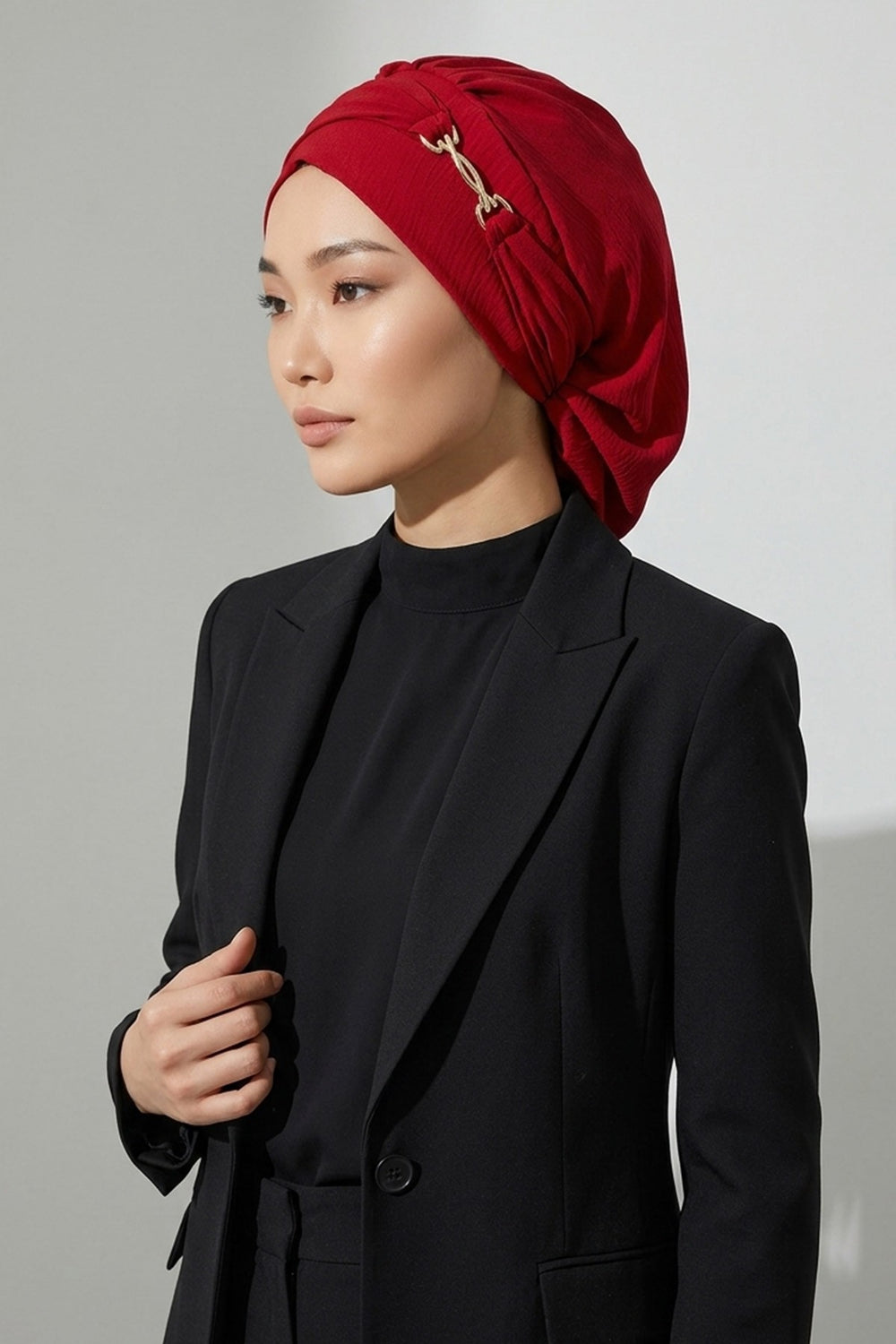 Instant Aerobin Turban with Gold Chain Detail, Pre-Tied Cotton Blend Hijab Cap, Elegant Modest Headwrap for Women,HT-93 Red