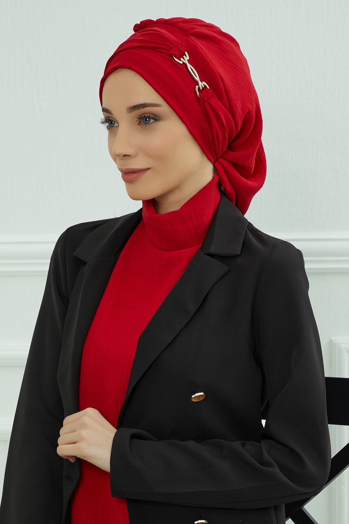 Instant Aerobin Turban with Gold Chain Detail, Pre-Tied Cotton Blend Hijab Cap, Elegant Modest Headwrap for Women,HT-93 Red