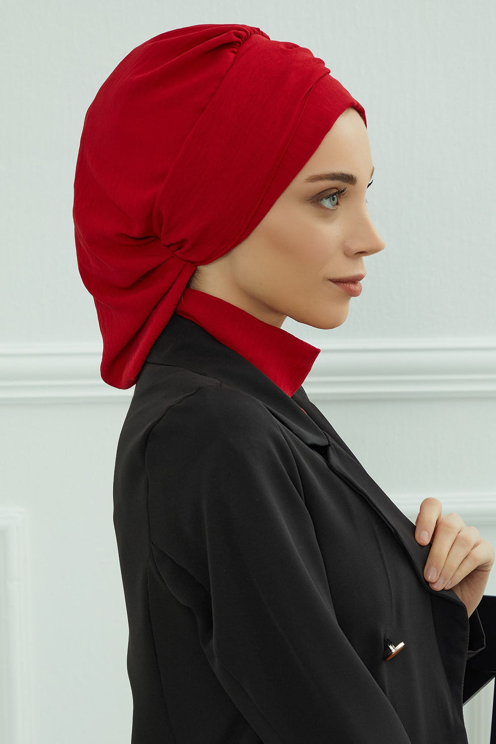 Instant Aerobin Turban with Gold Chain Detail, Pre-Tied Cotton Blend Hijab Cap, Elegant Modest Headwrap for Women,HT-93 Red