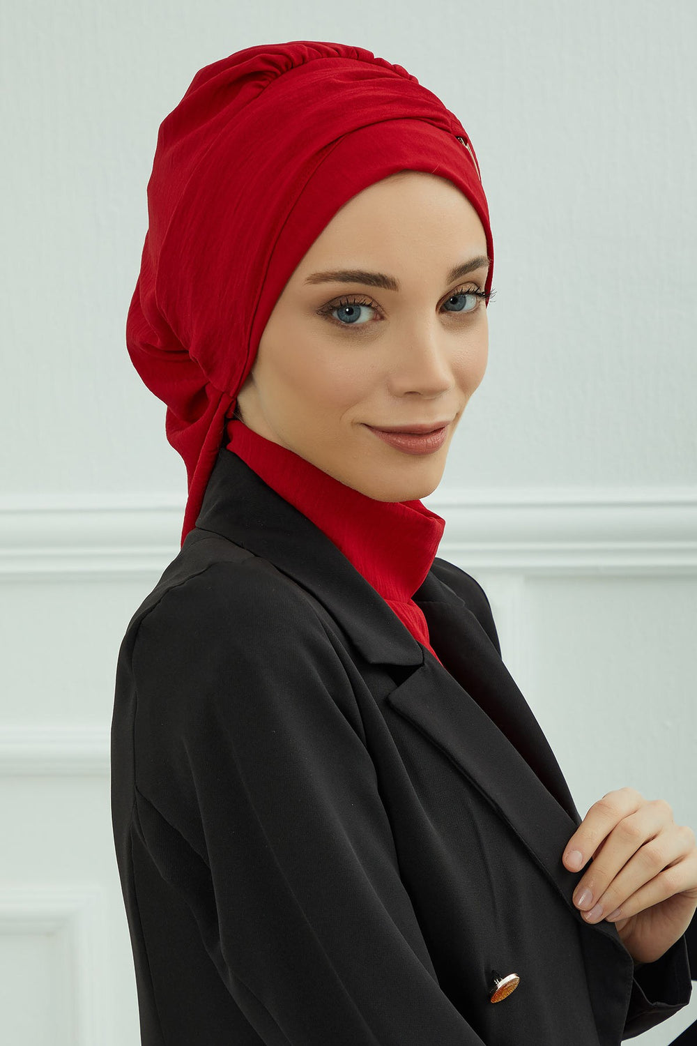 Instant Aerobin Turban with Gold Chain Detail, Pre-Tied Cotton Blend Hijab Cap, Elegant Modest Headwrap for Women,HT-93 Red