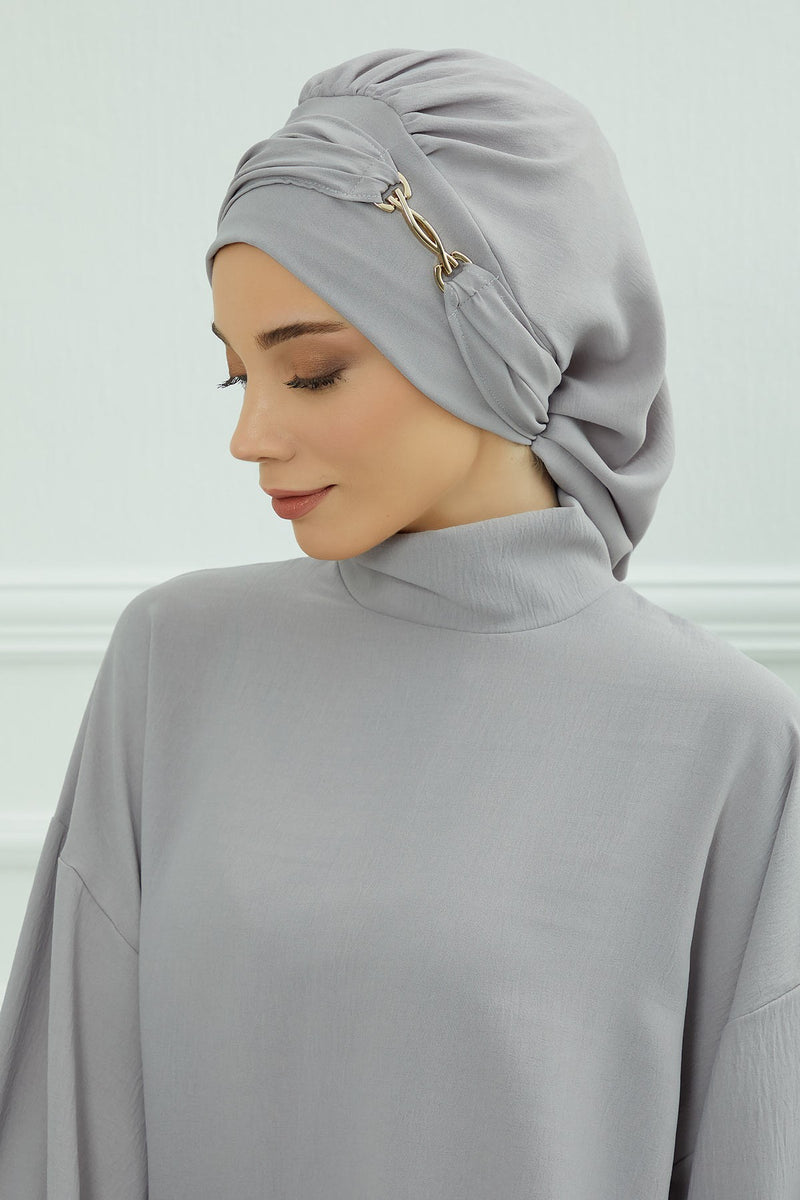 Instant Aerobin Turban with Gold Chain Detail, Pre-Tied Cotton Blend Hijab Cap, Elegant Modest Headwrap for Women,HT-93