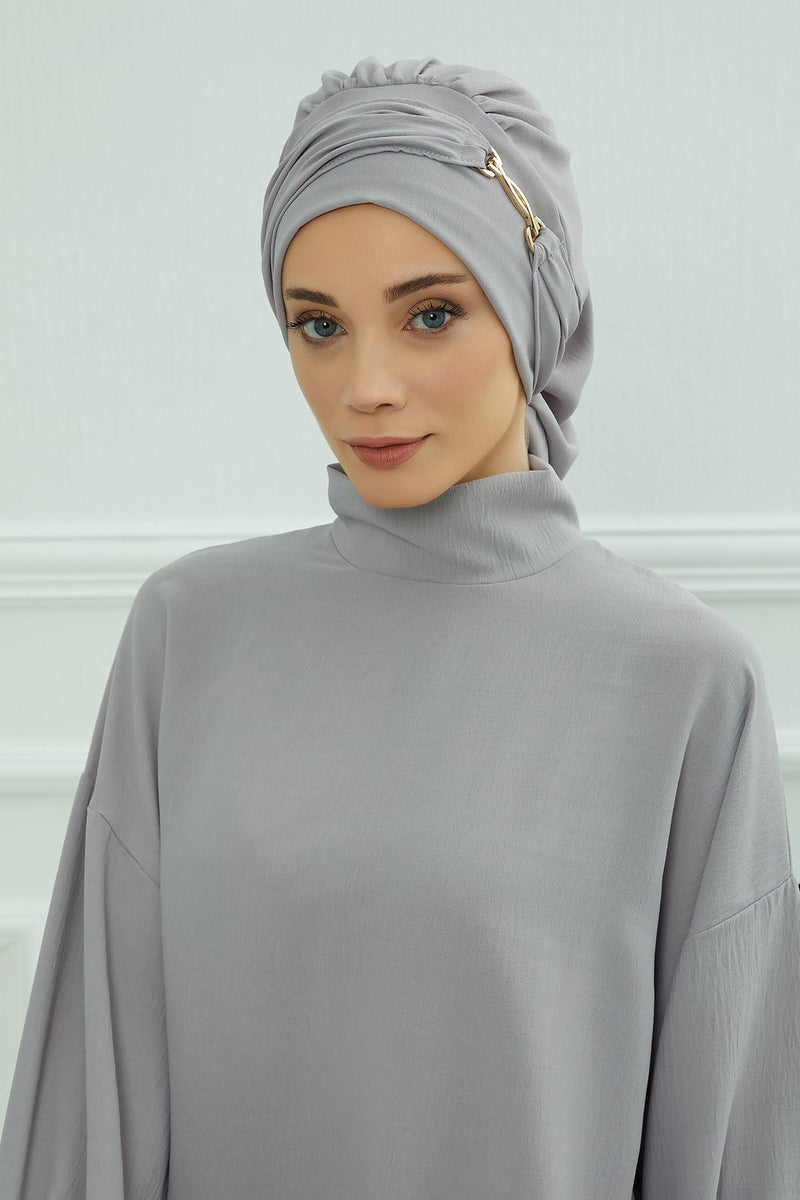 Instant Aerobin Turban with Gold Chain Detail, Pre-Tied Cotton Blend Hijab Cap, Elegant Modest Headwrap for Women,HT-93