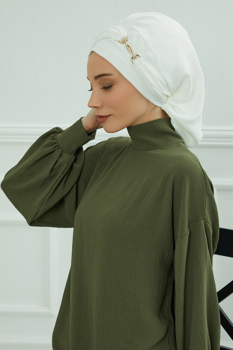 Instant Aerobin Turban with Gold Chain Detail, Pre-Tied Cotton Blend Hijab Cap, Elegant Modest Headwrap for Women,HT-93