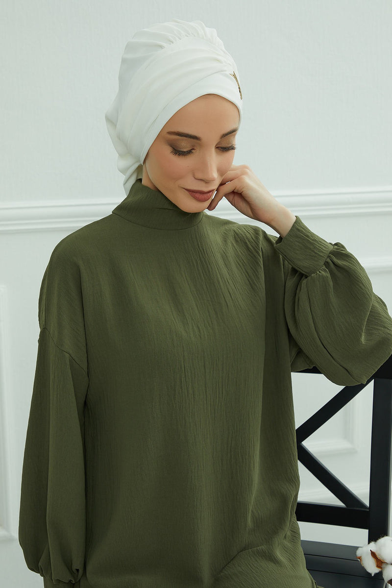 Instant Aerobin Turban with Gold Chain Detail, Pre-Tied Cotton Blend Hijab Cap, Elegant Modest Headwrap for Women,HT-93