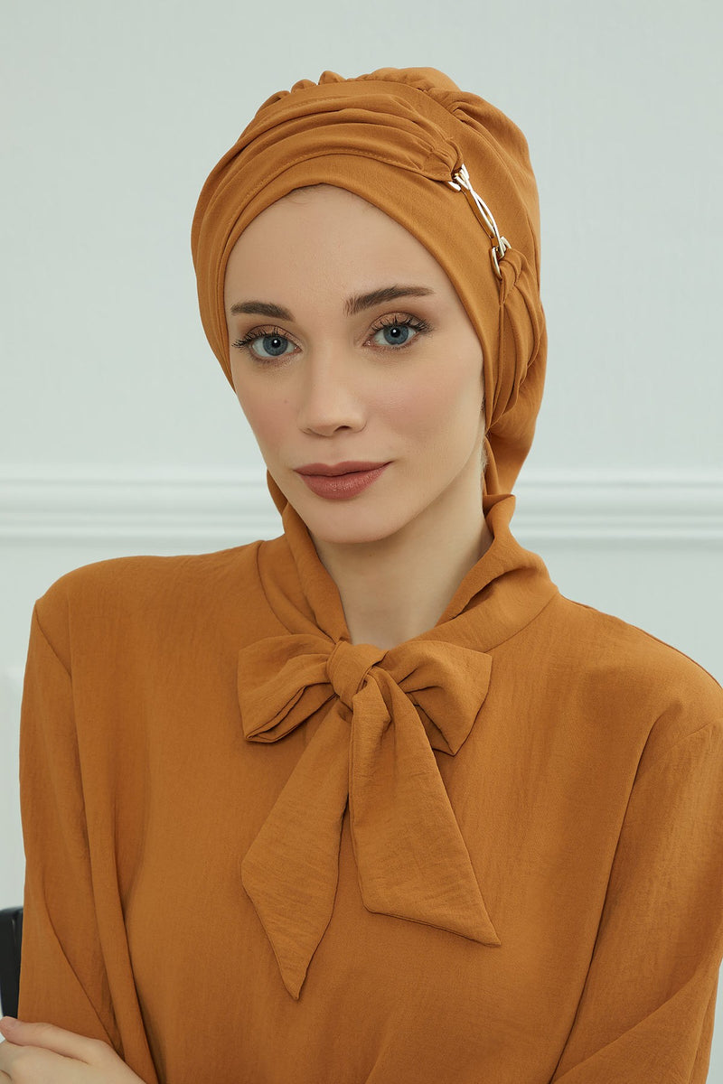 Instant Aerobin Turban with Gold Chain Detail, Pre-Tied Cotton Blend Hijab Cap, Elegant Modest Headwrap for Women,HT-93