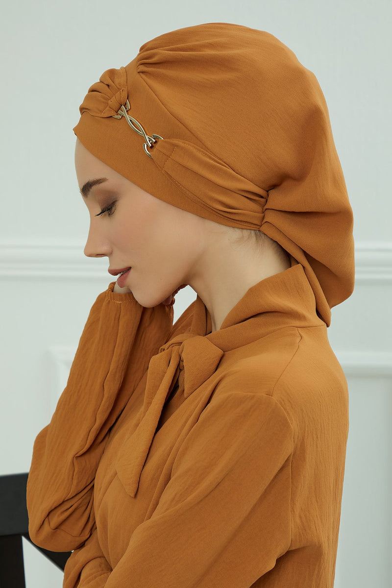 Instant Aerobin Turban with Gold Chain Detail, Pre-Tied Cotton Blend Hijab Cap, Elegant Modest Headwrap for Women,HT-93