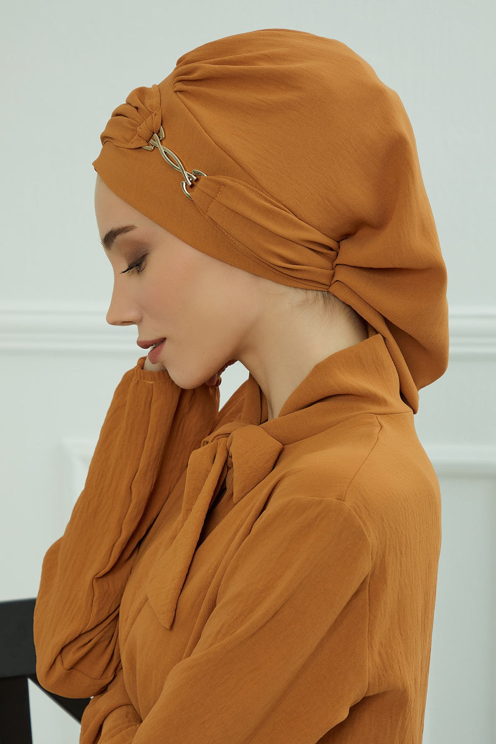 Instant Aerobin Turban with Gold Chain Detail, Pre-Tied Cotton Blend Hijab Cap, Elegant Modest Headwrap for Women,HT-93 Tawny Brown