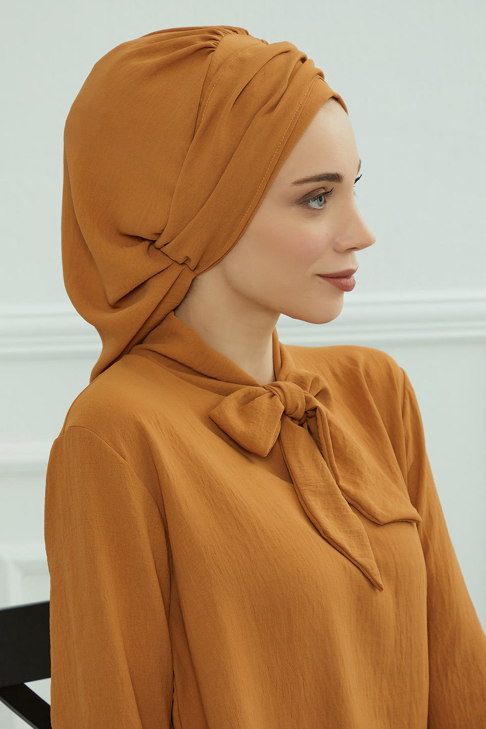 Instant Aerobin Turban with Gold Chain Detail, Pre-Tied Cotton Blend Hijab Cap, Elegant Modest Headwrap for Women,HT-93 Tawny Brown