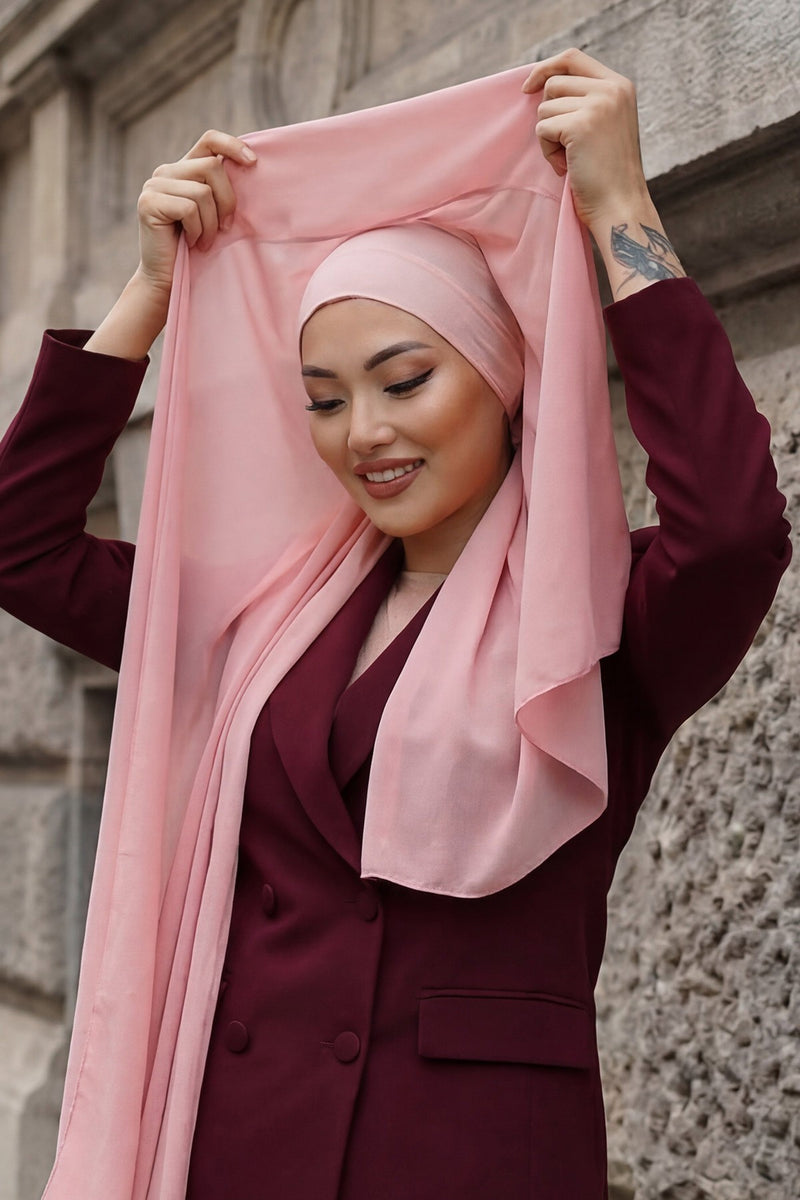 Instant Chiffon Scarf with Sewn Cotton Undercap Bonnet, Practical One Piece Hijab for Women, No Pin Head Covering,PS-51