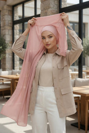Instant Chiffon Scarf with Sewn Cotton Undercap Bonnet, Practical One Piece Hijab for Women, No Pin Head Covering,PS-51 Powder
