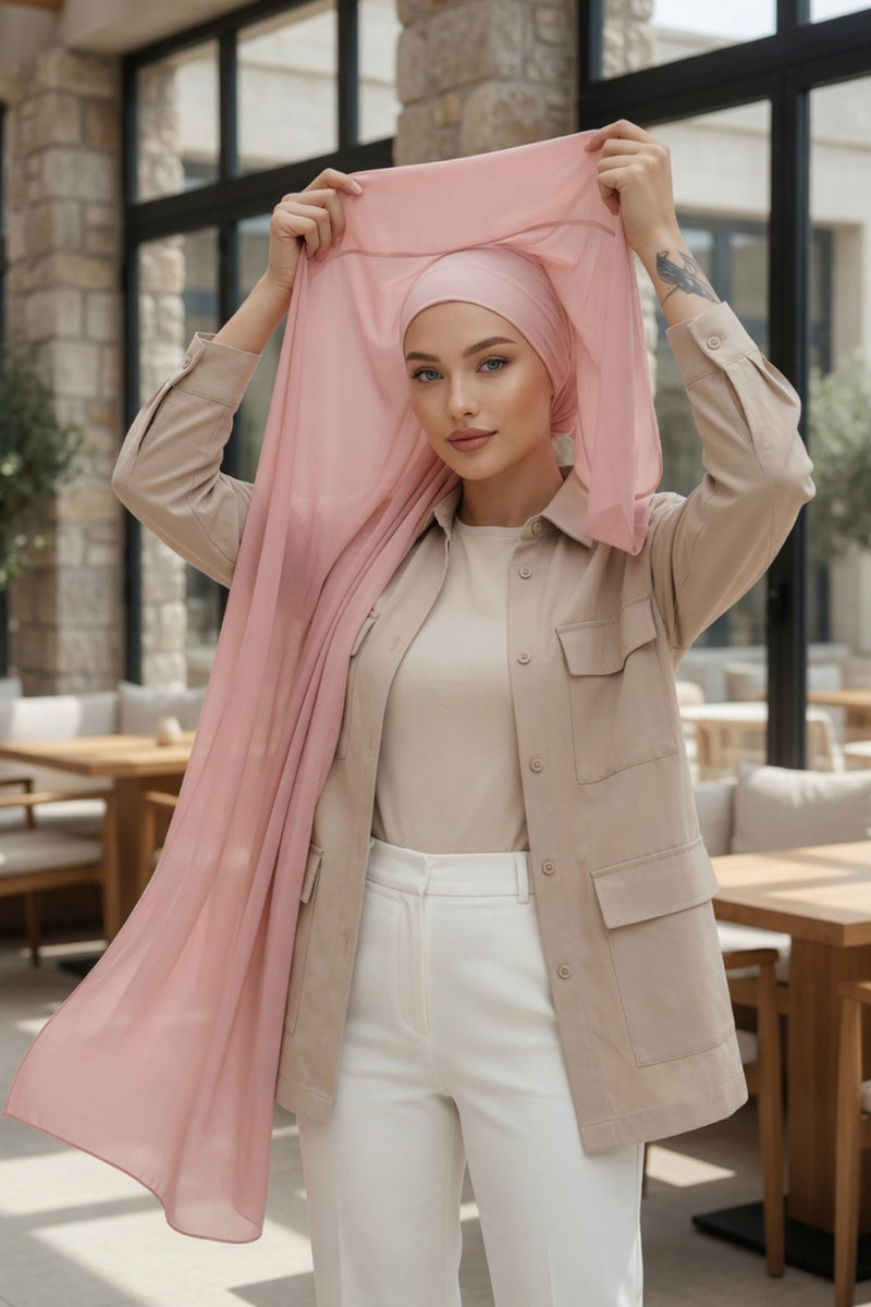 Instant Chiffon Scarf with Sewn Cotton Undercap Bonnet, Practical One Piece Hijab for Women, No Pin Head Covering,PS-51 Powder