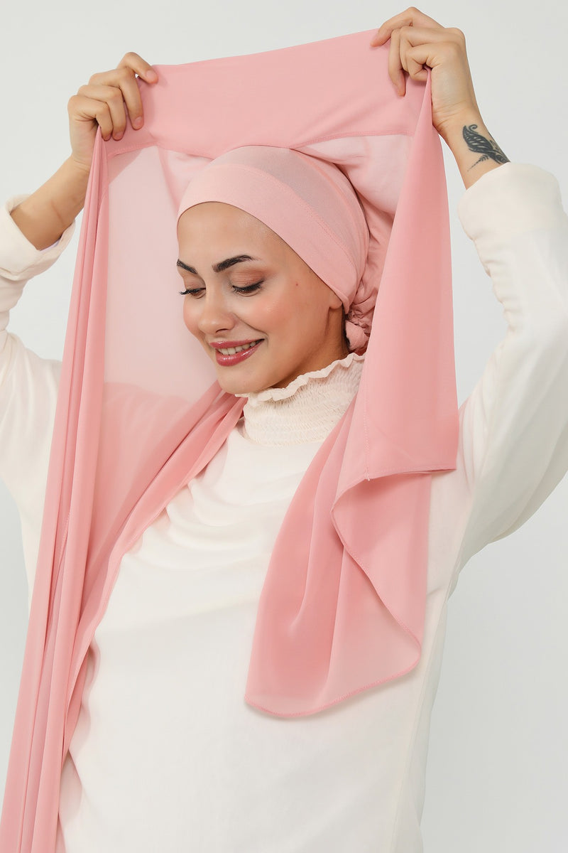 Instant Chiffon Scarf with Sewn Cotton Undercap Bonnet, Practical One Piece Hijab for Women, No Pin Head Covering,PS-51 Powder