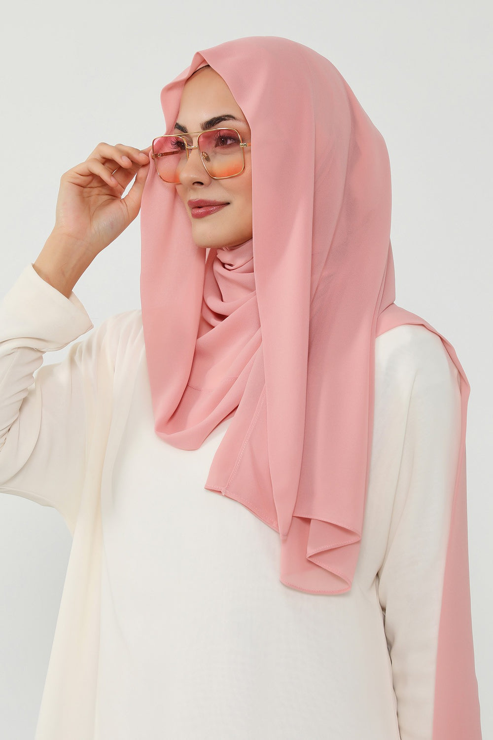 Instant Chiffon Scarf with Sewn Cotton Undercap Bonnet, Practical One Piece Hijab for Women, No Pin Head Covering,PS-51 Powder