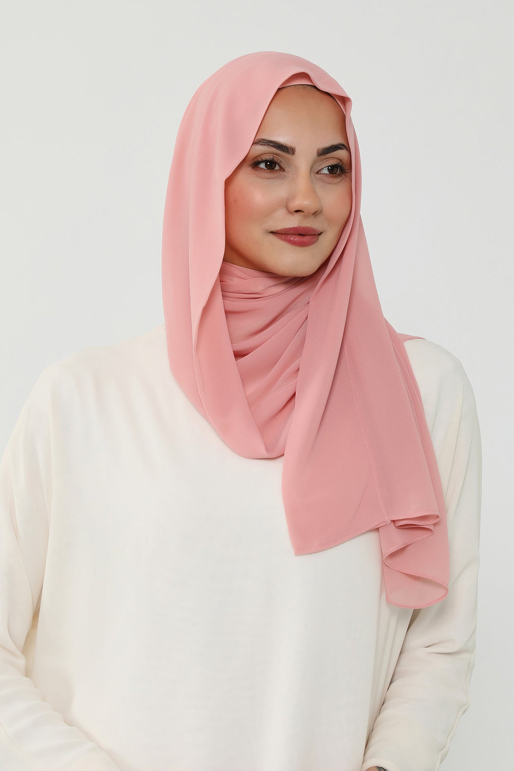 Instant Chiffon Scarf with Sewn Cotton Undercap Bonnet, Practical One Piece Hijab for Women, No Pin Head Covering,PS-51 Powder