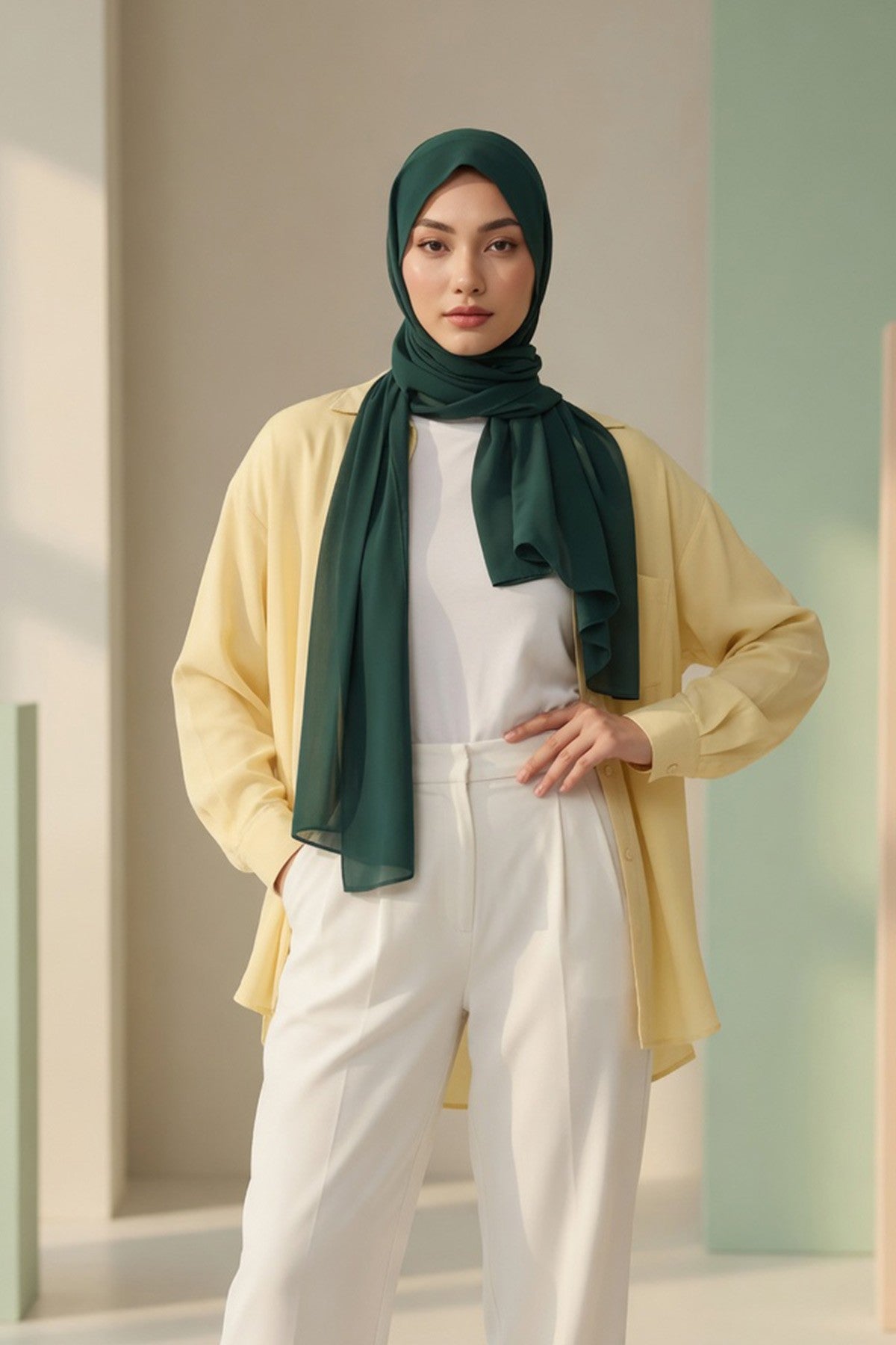 Instant Chiffon Scarf with Sewn Cotton Undercap Bonnet, Practical One Piece Hijab for Women, No Pin Head Covering,PS-51 Dark Green