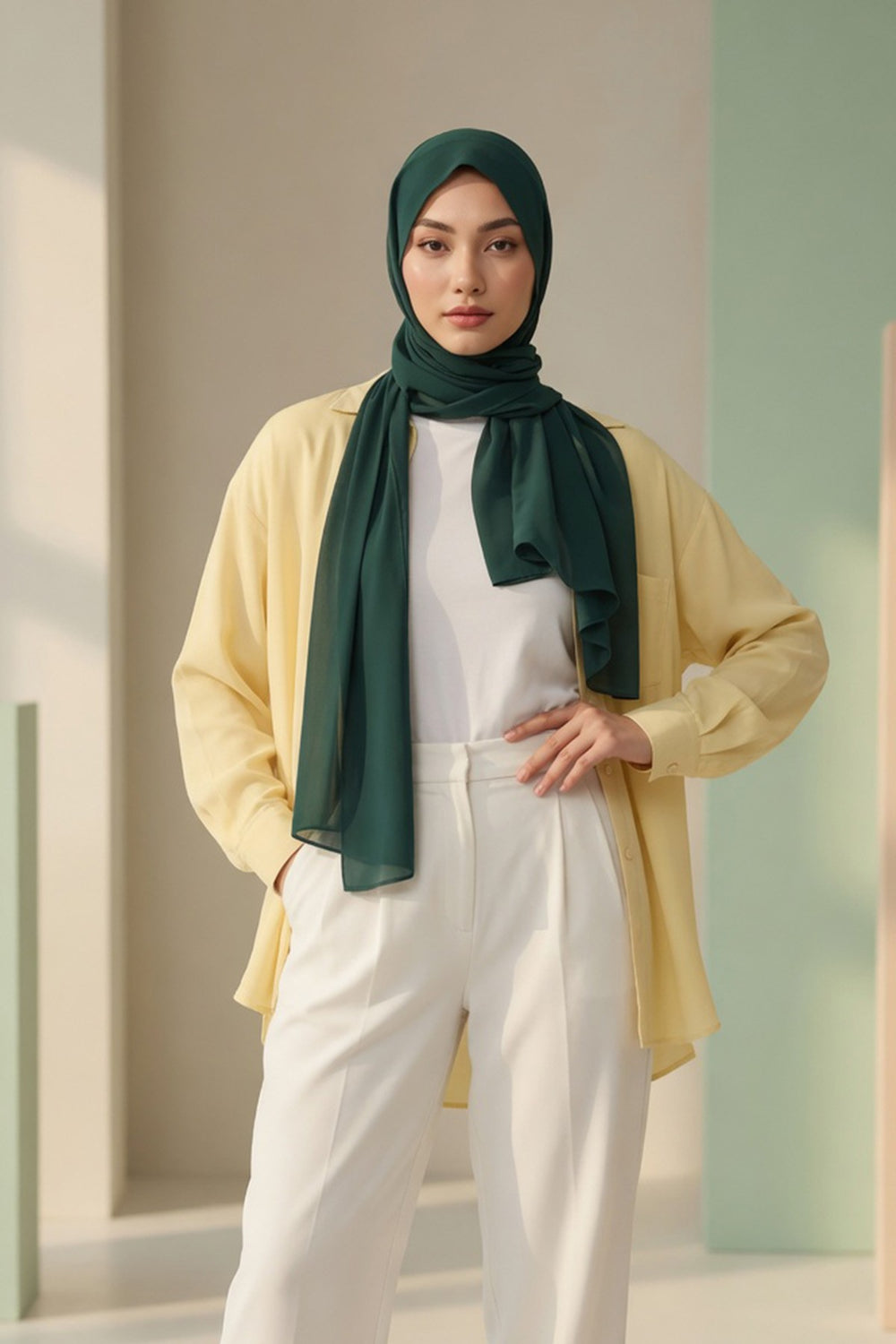 Instant Chiffon Scarf with Sewn Cotton Undercap Bonnet, Practical One Piece Hijab for Women, No Pin Head Covering,PS-51 Dark Green