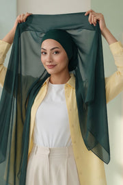 Instant Chiffon Scarf with Sewn Cotton Undercap Bonnet, Practical One Piece Hijab for Women, No Pin Head Covering,PS-51 Dark Green