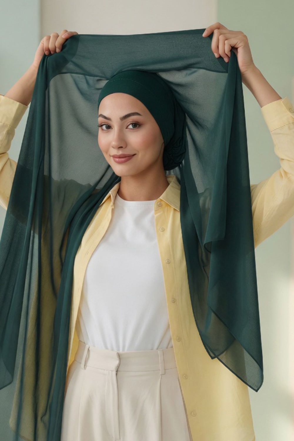 Instant Chiffon Scarf with Sewn Cotton Undercap Bonnet, Practical One Piece Hijab for Women, No Pin Head Covering,PS-51 Dark Green
