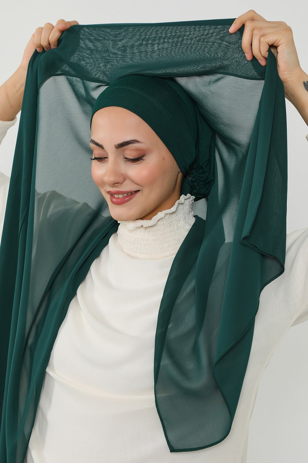 Instant Chiffon Scarf with Sewn Cotton Undercap Bonnet, Practical One Piece Hijab for Women, No Pin Head Covering,PS-51 Dark Green