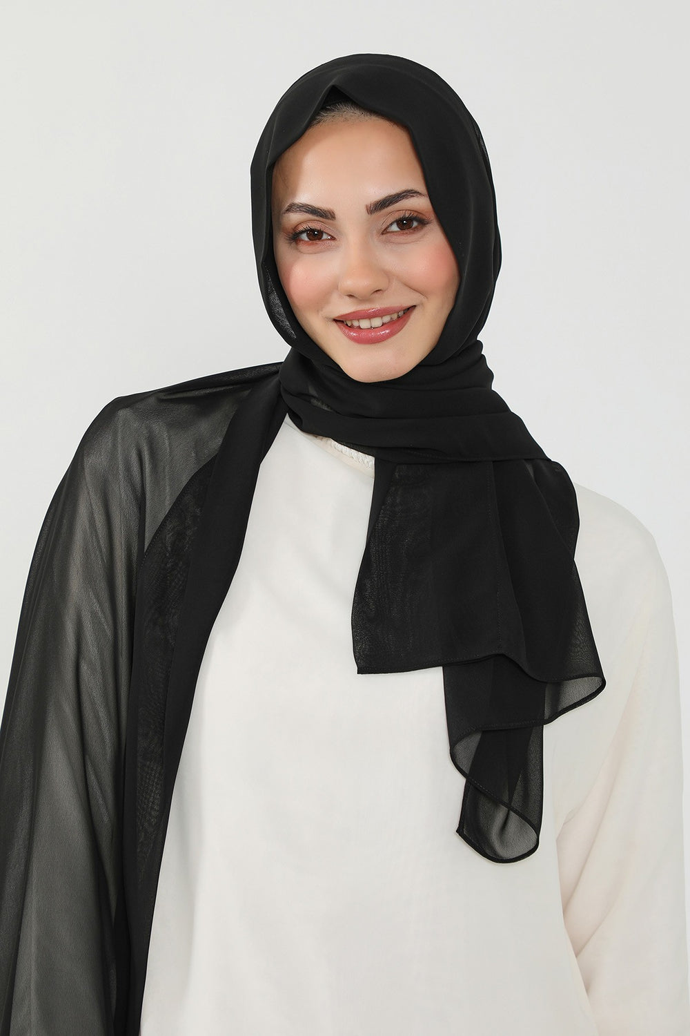 Instant Chiffon Scarf with Sewn Cotton Undercap Bonnet, Practical One Piece Hijab for Women, No Pin Head Covering,PS-51 Black