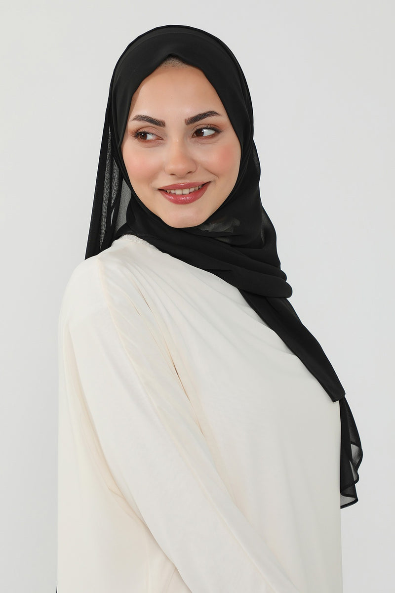 Instant Chiffon Scarf with Sewn Cotton Undercap Bonnet, Practical One Piece Hijab for Women, No Pin Head Covering,PS-51 Black
