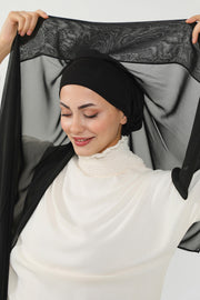 Instant Chiffon Scarf with Sewn Cotton Undercap Bonnet, Practical One Piece Hijab for Women, No Pin Head Covering,PS-51 Black