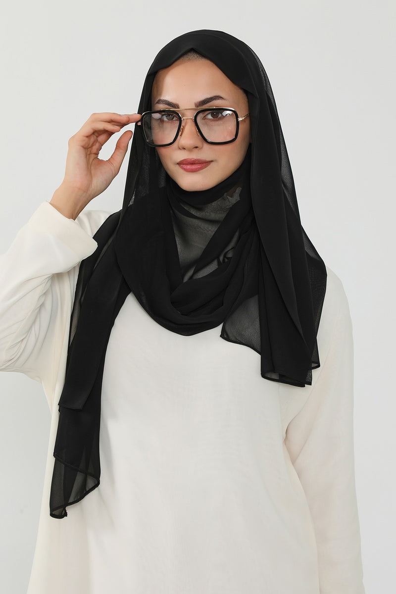 Instant Chiffon Scarf with Sewn Cotton Undercap Bonnet, Practical One Piece Hijab for Women, No Pin Head Covering,PS-51 Black