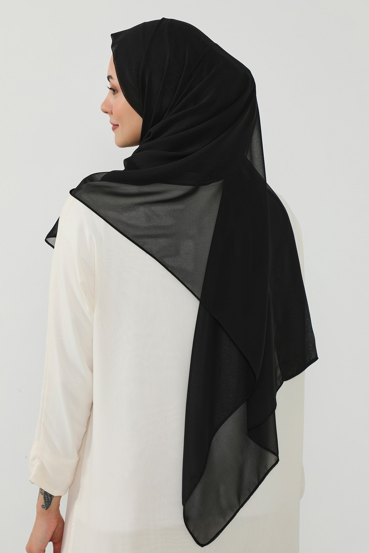 Instant Chiffon Scarf with Sewn Cotton Undercap Bonnet, Practical One Piece Hijab for Women, No Pin Head Covering,PS-51 Black