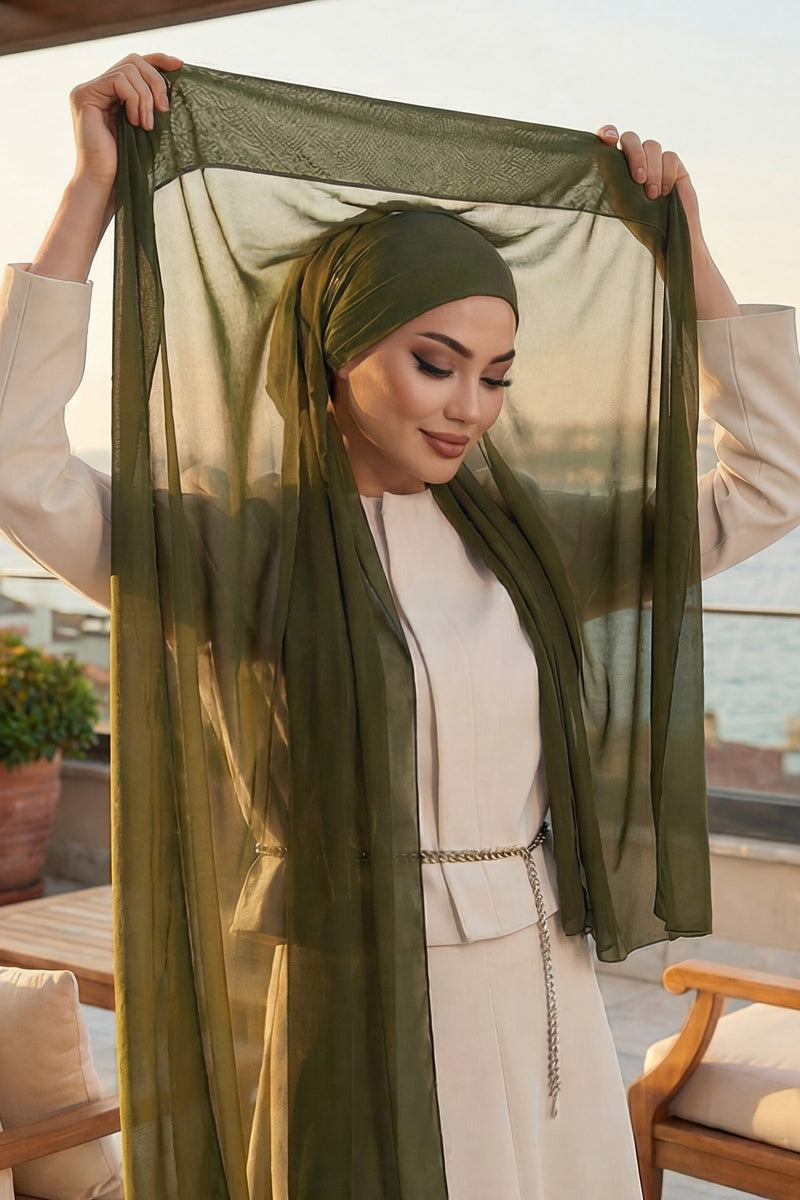 Instant Chiffon Scarf with Sewn Cotton Undercap Bonnet, Practical One Piece Hijab for Women, No Pin Head Covering,PS-51 Army Green