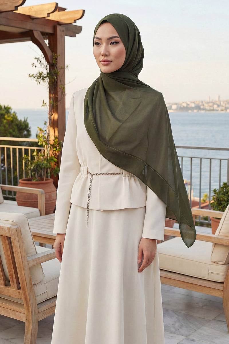 Instant Chiffon Scarf with Sewn Cotton Undercap Bonnet, Practical One Piece Hijab for Women, No Pin Head Covering,PS-51 Army Green