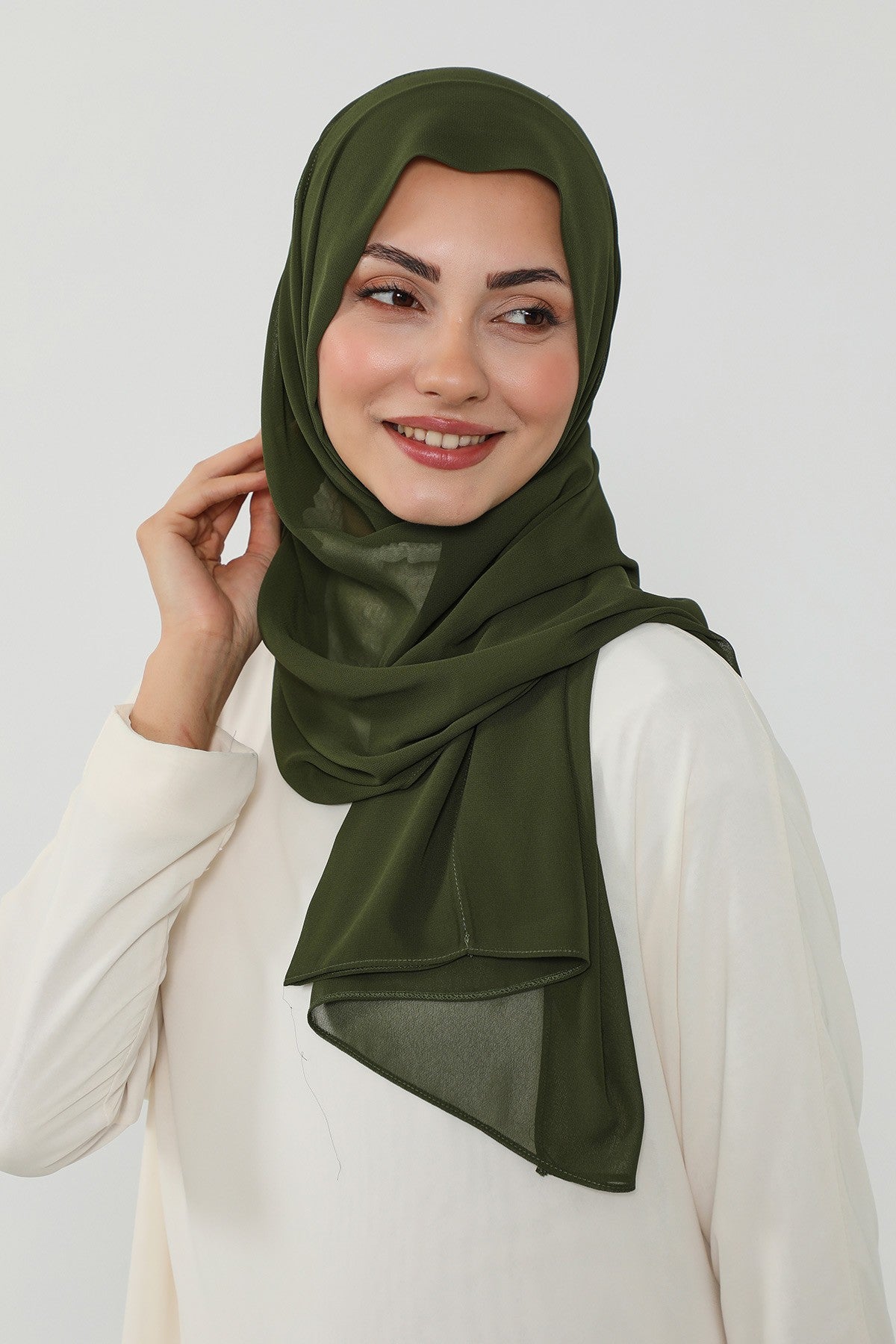 Instant Chiffon Scarf with Sewn Cotton Undercap Bonnet, Practical One Piece Hijab for Women, No Pin Head Covering,PS-51 Army Green