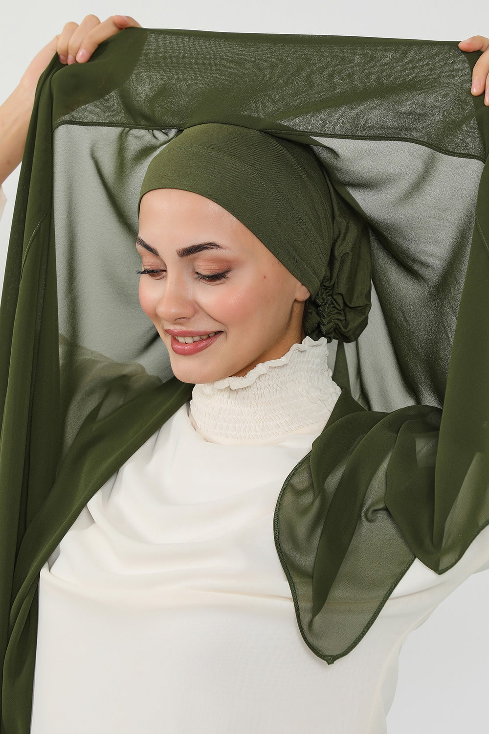 Instant Chiffon Scarf with Sewn Cotton Undercap Bonnet, Practical One Piece Hijab for Women, No Pin Head Covering,PS-51 Army Green