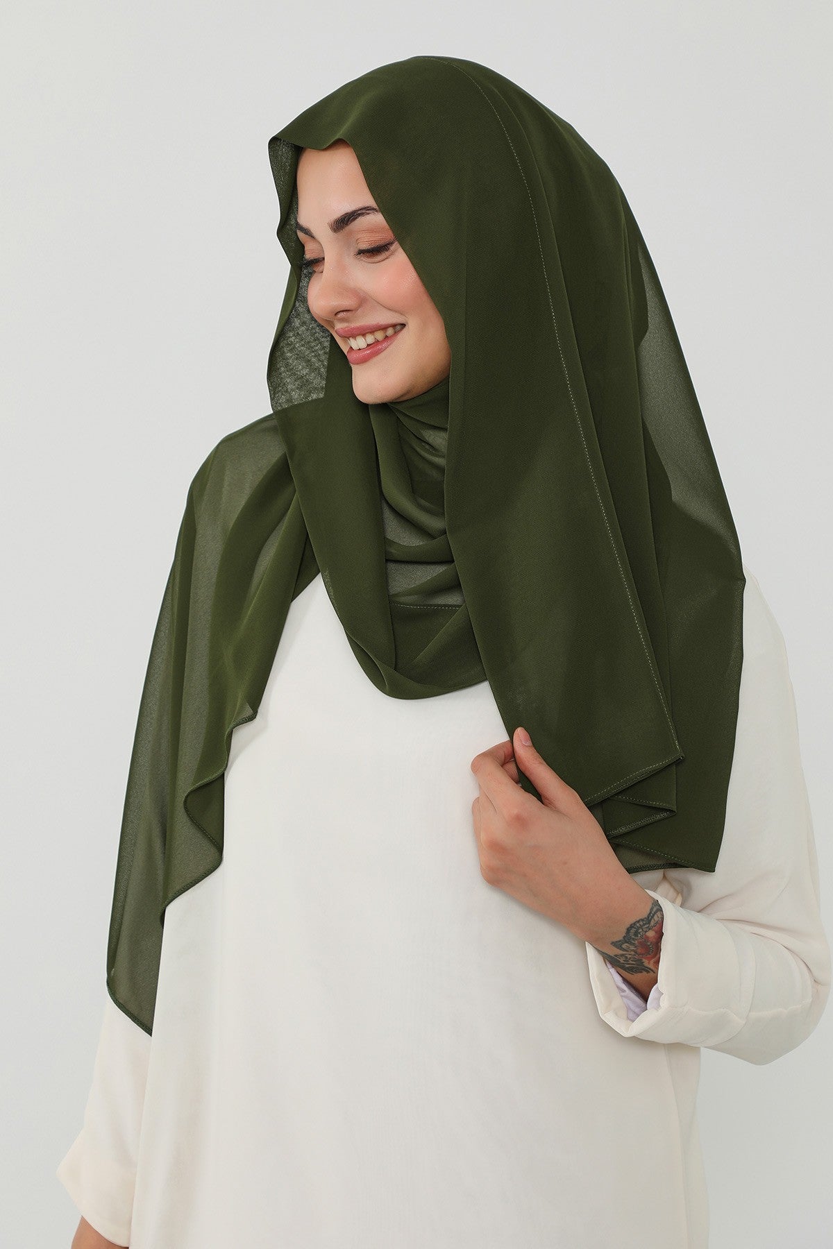 Instant Chiffon Scarf with Sewn Cotton Undercap Bonnet, Practical One Piece Hijab for Women, No Pin Head Covering,PS-51 Army Green