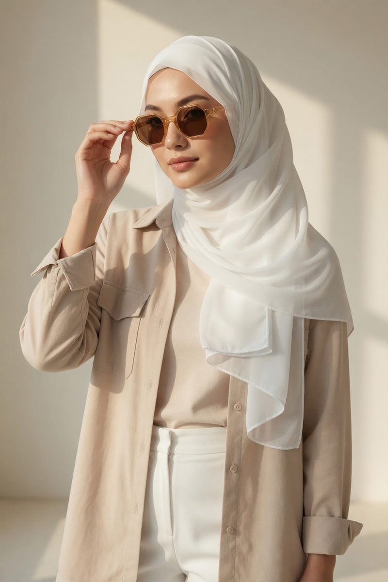 Instant Chiffon Scarf with Sewn Cotton Undercap Bonnet, Practical One Piece Hijab for Women, No Pin Head Covering,PS-51 Ivory