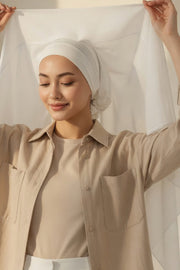 Instant Chiffon Scarf with Sewn Cotton Undercap Bonnet, Practical One Piece Hijab for Women, No Pin Head Covering,PS-51 Ivory