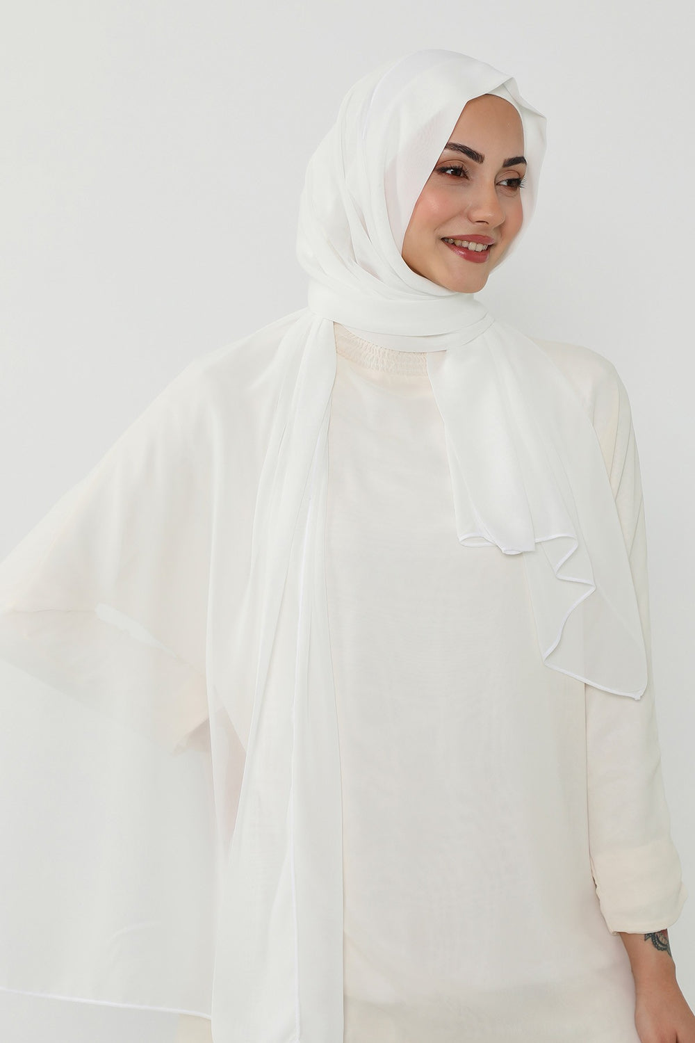 Instant Chiffon Scarf with Sewn Cotton Undercap Bonnet, Practical One Piece Hijab for Women, No Pin Head Covering,PS-51 Ivory