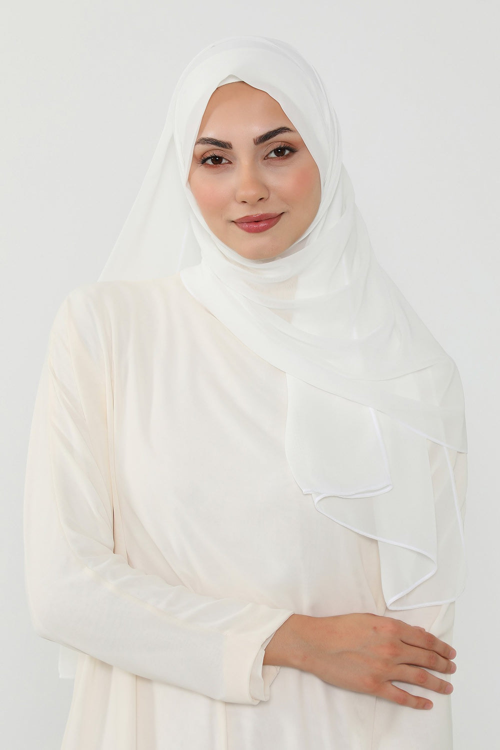 Instant Chiffon Scarf with Sewn Cotton Undercap Bonnet, Practical One Piece Hijab for Women, No Pin Head Covering,PS-51 Ivory