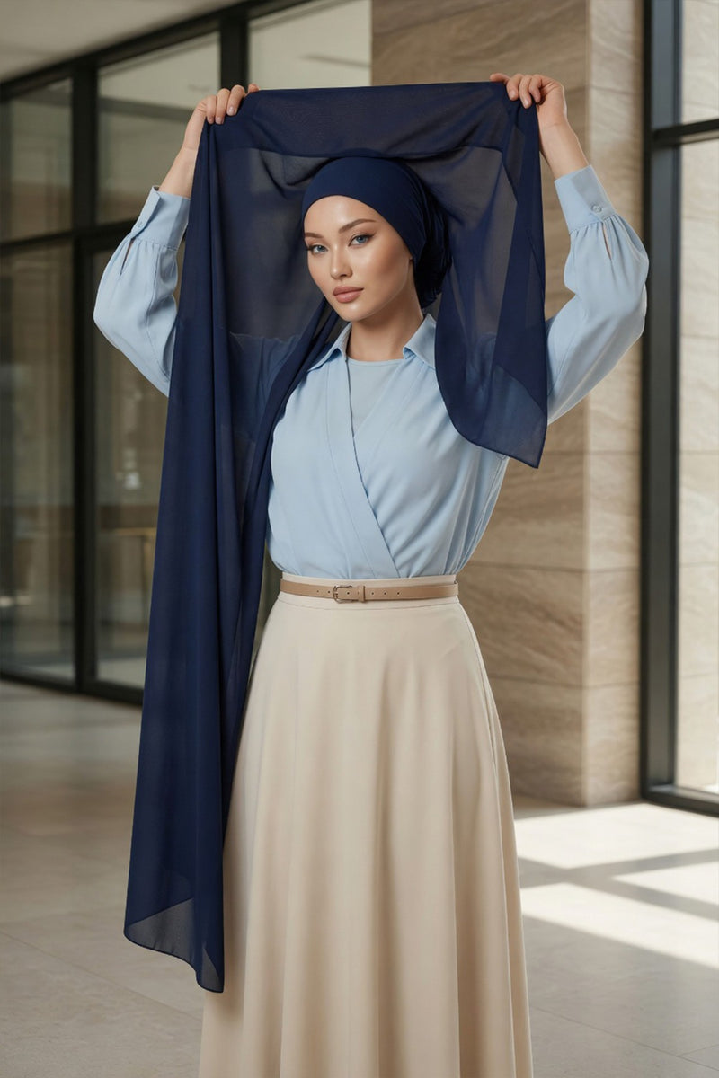 Instant Chiffon Scarf with Sewn Cotton Undercap Bonnet, Practical One Piece Hijab for Women, No Pin Head Covering,PS-51 Navy Blue