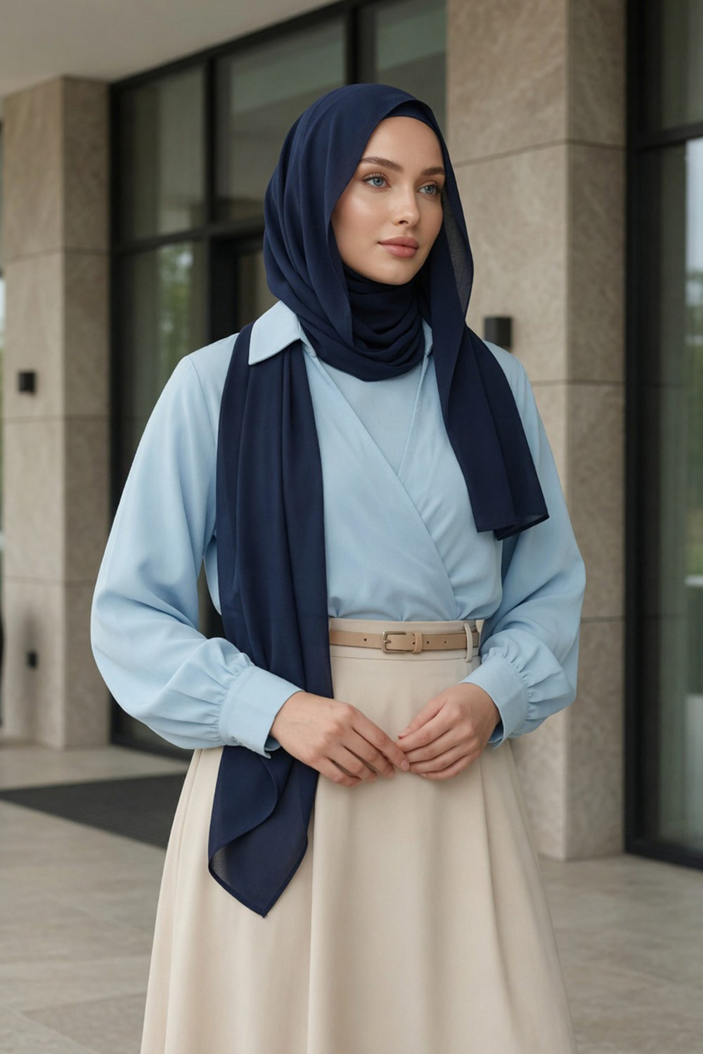 Instant Chiffon Scarf with Sewn Cotton Undercap Bonnet, Practical One Piece Hijab for Women, No Pin Head Covering,PS-51 Navy Blue
