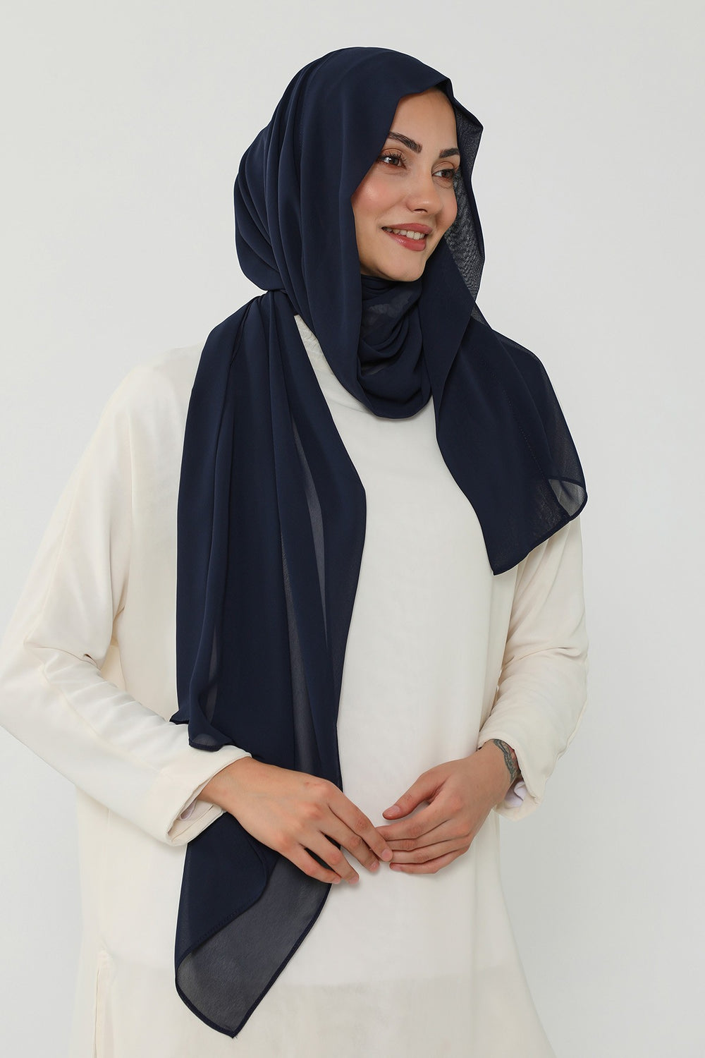 Instant Chiffon Scarf with Sewn Cotton Undercap Bonnet, Practical One Piece Hijab for Women, No Pin Head Covering,PS-51 Navy Blue