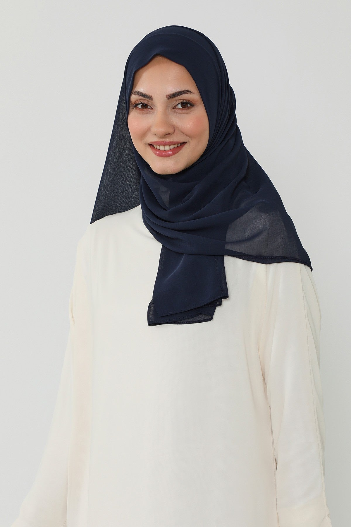 Instant Chiffon Scarf with Sewn Cotton Undercap Bonnet, Practical One Piece Hijab for Women, No Pin Head Covering,PS-51 Navy Blue